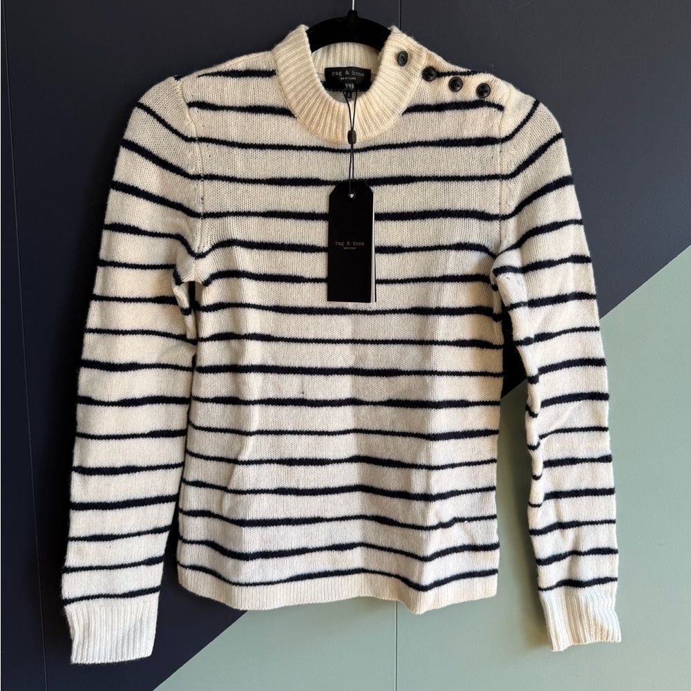 NWT $375 Rag & Bone Sam White/Navy Striped Pullover, 100% Wool, Sz XXS